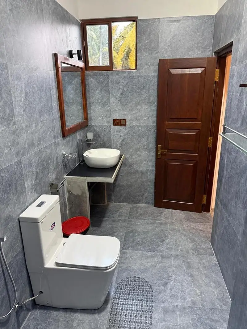 En suite bathroom with a bowl basin, mirror and timber door