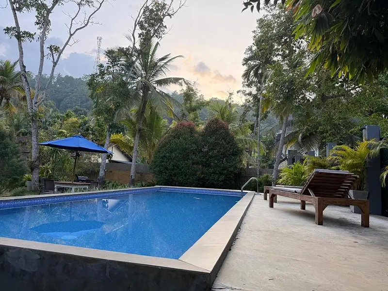 Bright blue pool with a timber sun lounger and parasol on the terrace