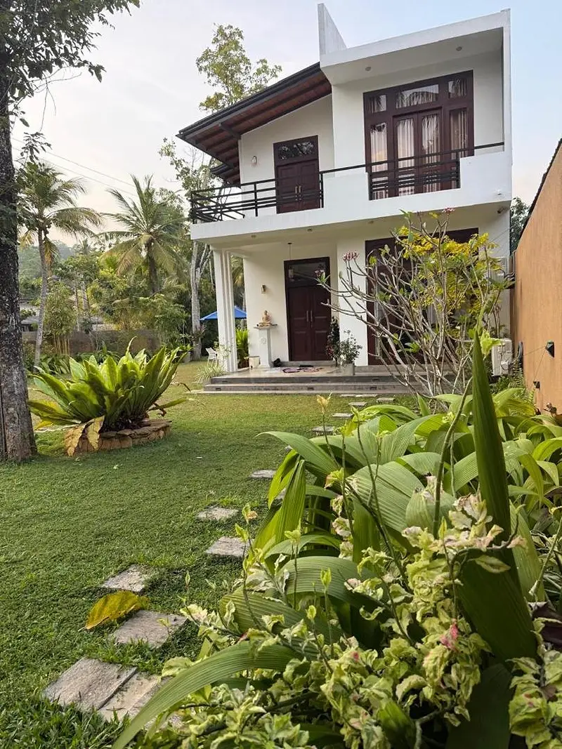 Stepping-stone path through tropical plants to the villa entrance